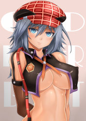 Rule 34 | 10s, 1girl, alisa ilinichina amiella, arms behind back, bad id, bad pixiv id, bare shoulders, breasts, cabbie hat, elbow gloves, covered erect nipples, gloves, god eater, god eater burst, hat, highres, large breasts, md5 mismatch, oni-noboru, revision, short hair, silver hair, smile, solo, upper body