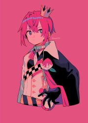 Rule 34 | 1boy, award ribbon, black gloves, blue eyes, checkered sash, coat dress, crown, crown print, gloves, hand on own hip, highres, ink stain, long sleeves, looking at viewer, male focus, menma (enaic31), mini crown, pink background, pink hair, pink theme, riddle rosehearts, short hair, simple background, twisted wonderland