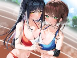 Rule 34 | 2girls, bare shoulders, black hair, blurry, blurry background, blush, breast press, breasts, brown hair, cleavage, collarbone, covered nipples, depth of field, green eyes, groin, heavy breathing, highres, holding hands, interlocked fingers, itohana, large breasts, long hair, looking at viewer, medium hair, multiple girls, navel, open mouth, original, outdoors, parted lips, shorts, sidelocks, sports bra, sweat, symmetrical docking, twintails, very long hair, yellow eyes