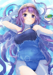 Rule 34 | 1girl, blue one-piece swimsuit, breasts, commentary request, grimoire ~shiritsu grimoire mahou gakuen~, highres, large breasts, long hair, looking at viewer, one-piece swimsuit, partially submerged, purple eyes, purple hair, school swimsuit, solo, swim cap, swimsuit, tateno nozomi, teina, water