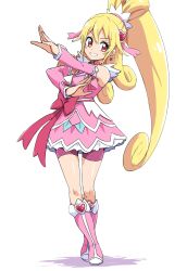 Rule 34 | 1girl, aida mana, bike shorts, boots, bow, commentary, contrapposto, cure heart, curly hair, detached sleeves, dokidoki! precure, dress, full body, grin, hair between eyes, heart, highres, layered dress, long hair, looking to the side, magical girl, pink dress, pink eyes, pink footwear, pink shorts, ponytail, precure, shorts, sidelocks, smile, solo, uraki, very long hair, white background