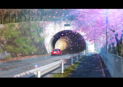 Rule 34 | absurdres, car, cherry blossoms, day, falling petals, fence, grass, highres, moss, motor vehicle, no humans, original, outdoors, pavement, petals, railing, road, scenery, sumassha t t, traffic barrier, tree, tunnel