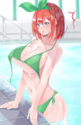 Rule 34 | 1girl, alternate breast size, arm support, bikini, blue eyes, breasts, commentary request, go-toubun no hanayome, green bikini, green ribbon, hair between eyes, hair ribbon, halterneck, huge breasts, looking at breasts, micosiva, nakano yotsuba, navel, notice lines, open mouth, orange hair, partially submerged, pool, poolside, ribbon, smile, solo, string bikini, swimsuit, untied bikini, untied bikini top, wet