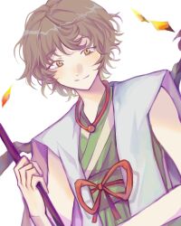 Rule 34 | 1other, androgynous, brown hair, chinese commentary, closed mouth, commentary request, green kimono, green sash, highres, holding, holding polearm, holding weapon, jacket, japanese clothes, jewelry, kimono, len&#039;en, looking at viewer, mxx33, necklace, obi, ogata garaiya, polearm, red ribbon, ribbon, sash, short hair, sleeveless, sleeveless jacket, sleeveless kimono, smile, solo, upper body, waist ribbon, weapon, white background, white jacket, yellow eyes
