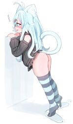 Rule 34 | !, 1girl, animal ears, antenna hair, ass, black choker, black skirt, blue eyes, blue hair, blush stickers, cat ears, cat girl, cat tail, choker, detached sleeves, from side, full body, hair ornament, highres, itsukarine, long hair, long sleeves, no panties, open mouth, original, pleated skirt, skirt, slippers, solo, standing, striped clothes, striped thighhighs, tail, thighhighs, tiptoes