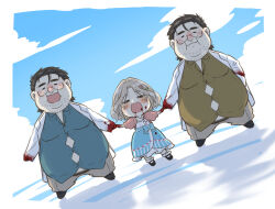 1girl 2boys :3 :d =_= beard_stubble black_footwear blonde_hair blood blood_from_mouth blood_on_clothes blood_on_hands blue_shirt blue_skirt blush brown_hair brown_shirt chibi cloud cloudy_sky coat collared_shirt dutch_angle facial_hair fat fat_man glasses hair_ornament hair_slicked_back hairclip holding_hands izumiico jacket kazui_kouichi kazui_kouji kazui_koyuki lab_coat mary_janes medium_hair multiple_boys nie_no_hakoniwa obese open_mouth pink_jacket shirt shoes siblings skirt sky smile socks stubble twins white_coat white_shirt white_socks