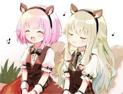 Rule 34 | 2girls, animal ears, black bow, black bowtie, black necktie, bob cut, bow, bowtie, buttons, closed eyes, closed mouth, collared shirt, commentary request, fake animal ears, green hair, kusanagi nene, long hair, mabayui hikari no stage de (project sekai), momomo (m0 3), multiple girls, musical note, necktie, ootori emu, open mouth, pink hair, project sekai, shirt, short hair, short sleeves, upper body, vest