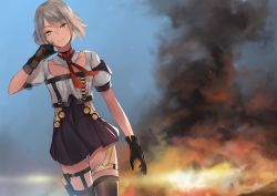 Rule 34 | 1girl, absurdres, black gloves, breasts, closed mouth, collarbone, fire, girls&#039; frontline, gloves, grey hair, highres, ina (inadiary), large breasts, looking away, short hair, solo, vector (girls&#039; frontline), yellow eyes