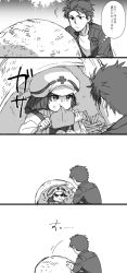 Rule 34 | 1boy, 1girl, 4koma, :t, :|, bad id, bad pixiv id, basket, bone, borrowed character, boss (ole tower), cabbie hat, chibi, closed mouth, comic, cross, eating, food, food on face, greyscale, hat, hiding, holding, looking at another, meat, monochrome, motion lines, muraosa (conjecture), ole tower, open clothes, open shirt, outdoors, red cross, shirt, short hair, sitting, sketch, speech bubble, translation request, tree