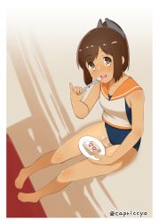 Rule 34 | 10s, 1girl, :d, bare legs, barefoot, brown eyes, brown hair, cake, capriccyo, food, food on face, fork, fruit, highres, holding, holding fork, holding plate, i-401 (kancolle), kantai collection, open mouth, plate, ponytail, sailor collar, sailor shirt, school swimsuit, shirt, short hair, sleeveless, smile, solo, strawberry, swimsuit, teeth