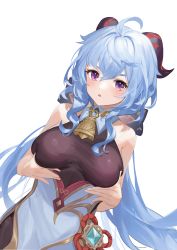 Rule 34 | 1girl, :o, absurdres, ahoge, bare arms, bell, blue hair, blush, breasts, chinese knot, flower knot, ganyu (genshin impact), genshin impact, gold trim, grabbing own breast, highres, horns, long hair, looking at viewer, medium breasts, neck bell, no gloves, oiru (fattyoils), open mouth, purple eyes, sidelocks, sleeveless, solo, upper body, vision (genshin impact), white background