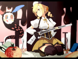 Rule 34 | 10s, 1girl, against wall, apple, beret, blonde hair, blurry, boots, breasts, brown thighhighs, charlotte (madoka magica), chocolate, corset, depth of field, detached sleeves, drill hair, fingerless gloves, food, fork, fruit, gloves, gun, hair ornament, hairpin, hat, highres, letterboxed, magical girl, magical musket, mahou shoujo madoka magica, mahou shoujo madoka magica (anime), n i n o, pleated skirt, puffy sleeves, ribbon, rifle, shirt, skirt, solo, squatting, striped clothes, striped thighhighs, taut clothes, taut shirt, thighhighs, tomoe mami, twin drills, twintails, vertical-striped clothes, vertical-striped thighhighs, weapon, witch&#039;s labyrinth, yellow eyes, zettai ryouiki