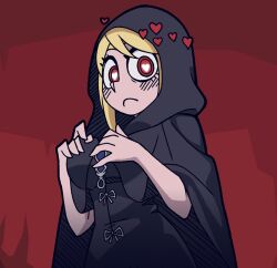 Rule 34 | 1girl, black cloak, black dress, blonde hair, blush, cloak, closed mouth, commentary, dress, elden ring, english commentary, fia the deathbed companion, heart, heart-shaped pupils, helltaker, highres, hood, hood up, hooded cloak, long hair, looking at viewer, red background, red eyes, shi ling yu, solo, symbol-shaped pupils, vanripper (style)