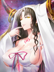 Rule 34 | 1girl, bare shoulders, black hair, breasts, chest tattoo, cleavage, collarbone, dress, dtcy, facial mark, fate/extra, fate/extra ccc, fate (series), forehead mark, highres, horns, large breasts, long hair, long sleeves, looking at viewer, multicolored hair, parted bangs, pink hair, sessyoin kiara, sideboob, smile, solo, streaked hair, tattoo, veil, very long hair, wavy hair, white dress, wide sleeves, yellow eyes