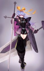 Rule 34 | 1girl, absurdres, blue hair, commentary, dual wielding, english commentary, glasses, highres, holding, holding sword, holding weapon, huge weapon, indie virtual youtuber, jin grey paladin, long pointy ears, pointy ears, purple eyes, rae laviere, solo, sword, virtual youtuber, weapon
