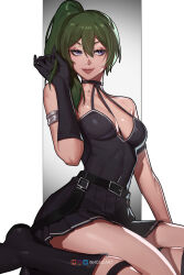 Rule 34 | 1girl, armlet, artist name, bare shoulders, belt, black choker, black dress, black footwear, black gloves, boots, breasts, choker, closed mouth, collarbone, covered navel, double-parted bangs, dress, eyelashes, gloves, green hair, hair between eyes, half-closed eyes, halter dress, halterneck, hand in own hair, highres, inhoso, kneeling, legs, looking at viewer, low neckline, medium breasts, out of frame, pleated dress, purple eyes, side ponytail, simple background, single glove, smile, solo, sousou no frieren, thighs, tight clothes, tight dress, ubel (sousou no frieren)