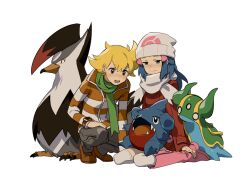Rule 34 | 1boy, 1girl, barry (pokemon), beak, beanie, bird, blonde hair, blue eyes, blue skin, boots, bright pupils, brown eyes, brown footwear, closed mouth, coat, colored skin, commentary request, creatures (company), dawn (pokemon), facial mark, forehead mark, game freak, gastrodon, gastrodon (east), gen 4 pokemon, gible, green scarf, green skin, grey pants, hat, highres, horns, jacket, knee boots, multicolored clothes, multicolored jacket, multicolored skin, nintendo, orange jacket, pants, pink footwear, pokemon, pokemon (creature), pokemon dppt, pokemon platinum, print headwear, red coat, red eyes, red skin, scarf, sharp teeth, shoes, simple background, sitting, slug, smile, staraptor, striped clothes, striped jacket, talons, teeth, two-tone jacket, two-tone skin, two pokemon, white background, white headwear, white jacket, white pupils, white scarf