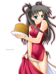 Rule 34 | 00s, 1girl, akimoto dai, bamboo steamer, black hair, black panties, blush, braid, china dress, chinese clothes, clothes lift, covered erect nipples, dress, dress lift, embarrassed, fate/stay night, fate (series), female focus, green eyes, hair rings, long hair, panties, red dress, side-tie panties, simple background, solo, tohsaka rin, underwear, waitress, white background