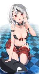Rule 34 | 1girl, :o, absurdres, arm strap, bare shoulders, bikini, black bikini, black collar, black hair, braid, breasts, checkered floor, clothes pull, collar, collarbone, full body, glint, grey hair, hair ornament, hand up, heart pendant, highres, hololive, kneeling, looking at viewer, md5 mismatch, medium breasts, medium hair, multicolored hair, open hand, open mouth, plaid, plaid skirt, red eyes, red skirt, resolution mismatch, revision, sakamata chloe, side-tie bikini bottom, skirt, skirt pull, soaking feet, solo, source larger, strap slip, streaked hair, stuffed orca, swimsuit, teeth, three twosix, tongue, upper teeth only, virtual youtuber, water, wet, x hair ornament