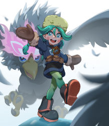 Rule 34 | 1girl, :d, absurdres, black footwear, black skirt, blush stickers, boots, braid, brown mittens, commentary request, creatures (company), fur hat, game freak, green eyes, green hair, green headwear, green pantyhose, grey jacket, hat, highres, hisuian braviary, jacket, jody tseng, leg up, long hair, looking at viewer, mittens, nintendo, open mouth, outstretched arms, pantyhose, pokemon, pokemon (creature), pokemon legends: arceus, sabi (pokemon), skirt, smile, teeth, tongue, twin braids, twintails, upper teeth only