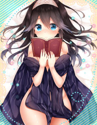 Rule 34 | 10s, 1girl, bare shoulders, black hair, blue eyes, blue shirt, blush, book, breasts, closed mouth, covering privates, cowboy shot, flower, hairband, holding, holding book, idolmaster, idolmaster cinderella girls, large breasts, long hair, long sleeves, looking at viewer, lying, mintsu (ichi--kun), nude cover, on back, open book, open clothes, open shirt, sagisawa fumika, shirt, smile, solo, striped, thigh gap, thighs, vertical stripes