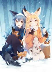 Rule 34 | 10s, 2girls, :d, animal, animal ears, animal on lap, bag, baozi, black bow, black bowtie, black gloves, black pantyhose, blonde hair, bow, bowtie, brown eyes, cat stretch, creature and personification, eating, ezo red fox (kemono friends), food, forest, fox, fox ears, fox girl, fox tail, fur trim, gloves, gradient hair, grey hair, hair between eyes, highres, holding, holding food, ivy1993, jacket, kemono friends, knees together feet apart, knees up, loafers, long hair, long sleeves, looking at viewer, lucky beast (kemono friends), multicolored hair, multiple girls, nature, necktie, on lap, open mouth, outdoors, pantyhose, paper bag, pleated skirt, scarf, shoes, silver fox (kemono friends), sitting, skirt, smile, snow, snow on head, snowing, snowman, stretching, tail, tree, wariza, white legwear, winter, winter clothes, yellow necktie