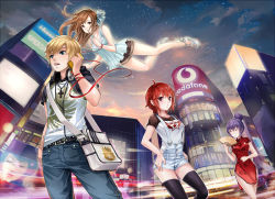 Rule 34 | 1boy, 3girls, ad, blonde hair, blue eyes, brown eyes, brown hair, casual, cellphone, china dress, chinese clothes, cityscape, dress, closed eyes, floating, j.lili, long hair, multiple girls, night, open mouth, original, phone, purple hair, red eyes, red hair, short hair, shorts, smile, string, string of fate, thighhighs