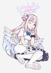 Rule 34 | 1girl, absurdres, blue archive, feet, finger to mouth, highres, long hair, looking at viewer, mika (blue archive), one eye closed, pantyhose, pink hair, shushing, side bun, smile, soles, toes, white pantyhose, wings, wink, yellow eyes