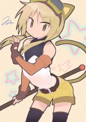 Rule 34 | 1girl, animal ears, bad id, bad twitter id, belt, black thighhighs, blonde hair, blush, brown gloves, cargo shorts, cat ears, cat tail, closed mouth, collarbone, fingerless gloves, gloves, goggles, goggles on head, ichii yui, looking at viewer, medium hair, okayparium, shorts, signature, solo, tail, thighhighs, yellow eyes, yuyushiki