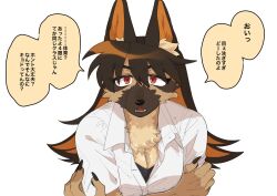 Rule 34 | 1girl, animal ear fluff, animal ears, body fur, brown eyes, brown fur, brown hair, claws, collared shirt, colored inner hair, commentary request, dog ears, dog girl, furry, furry female, hair between eyes, hands up, highres, long hair, looking at viewer, multicolored hair, open mouth, orange hair, original, rata (norahasu), shirt, short sleeves, simple background, speech bubble, translation request, upper body, white background