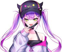 Rule 34 | 1girl, absurdres, barbell piercing, bare shoulders, baseball cap, bibi (tokoyami towa), black hat, black tank top, choker, collarbone, crop top, cropped jacket, ear piercing, eyelashes, fake horns, green eyes, hair ornament, hairclip, hat, highres, hololive, horned headwear, horns, huge filesize, industrial piercing, jacket, long sleeves, looking at viewer, mask, mask pull, mouth mask, namagome negi, o-ring, o-ring choker, partially unzipped, piercing, pointy ears, purple hair, sidelocks, simple background, solo, tank top, tokoyami towa, tongue, tongue piercing, transparent background, twintails, upper body, v-shaped eyebrows, virtual youtuber, white background, white jacket