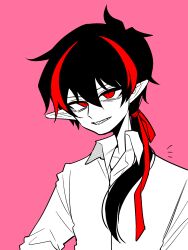 Rule 34 | 1boy, 69 ronku, ascot, bad id, bad pixiv id, black hair, collared shirt, highres, library of ruina, long hair, long sleeves, looking at viewer, low ponytail, multicolored hair, nosferatu (project moon), parted lips, pink background, pointy ears, project moon, red ascot, red hair, sharp teeth, shirt, smile, solo, streaked hair, teeth, vest, white background, white shirt