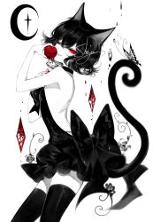 Rule 34 | 1girl, animal ears, apple, artist name, backless dress, backless outfit, bare arms, bare back, bare shoulders, black choker, black dress, black hair, black thighhighs, breasts, bug, butterfly, cat ears, cat tail, choker, cowboy shot, dress, food, fruit, hand on own chest, hands up, highres, holding, holding food, holding fruit, insect, limited palette, original, red eyes, sheya, short dress, signature, simple background, small breasts, solo, spot color, standing, strapless, strapless dress, tail, thighhighs, thighs, white background, zettai ryouiki