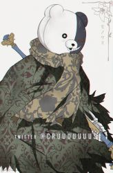 Rule 34 | cloak, criis-chan, crossover, danganronpa: trigger happy havoc, danganronpa (series), floral print, holding, holding weapon, looking at viewer, monokuma, nier (series), simple background, solo, striped, sweater, teeth, twitter username, weapon, white background