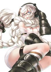 Rule 34 | 10s, 1girl, absurdres, abyssal ship, bare shoulders, blue eyes, braid, gauntlets, glasses, headphones, highres, kantai collection, long hair, looking at viewer, off shoulder, one eye closed, open mouth, power fist, single braid, solo, supply depot princess, white hair, yan wen zi
