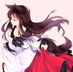 Rule 34 | 1girl, animal ears, artist name, bad id, bad pixiv id, breasts, brooch, brown hair, chikuwa savy, cleavage, collarbone, commentary, cowboy shot, dress, floating hair, frilled sleeves, frills, from side, highres, imaizumi kagerou, jewelry, long hair, long sleeves, medium breasts, pink background, red eyes, sidelocks, simple background, smile, solo, standing, touhou, twitter username, white dress, wide sleeves, wolf ears