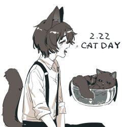 Rule 34 | 1boy, akantai, animal ears, animalization, cat day, cat ears, cat tail, fangs, greyscale, highres, limbus company, male focus, monochrome, open mouth, project moon, simple background, sitting, solo, tail, whiskers, yi sang (project moon)