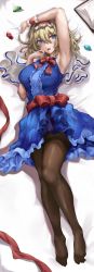 Rule 34 | 1girl, absurdres, alice margatroid, armpits, bed, blonde hair, blue dress, blue eyes, blush, book, bow, bowtie, breasts, capelet, center frills, dress, frilled dress, frills, gem, highres, jewelry, kaeranu kaeru, large breasts, navel, open mouth, pantyhose, presenting armpit, puppet rings, red bow, red bowtie, red sash, ring, sash, sleeveless, sleeveless dress, solo, touhou, white background, white capelet, wrist cuffs