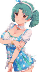 Rule 34 | 1girl, bangle, blue dress, bracelet, breasts, brown eyes, commentary request, detached collar, dress, earrings, green hair, green nails, highres, idolmaster, idolmaster million live!, jewelry, large breasts, looking at viewer, open mouth, polka dot, polka dot dress, puffy short sleeves, puffy sleeves, short dress, short sleeves, solo, tetsujin momoko, tokugawa matsuri, white background
