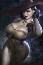 Rule 34 | 1girl, :q, alcina dimitrescu, black hair, breasts, capcom, cleavage, curvy, earrings, flower, gloves, glowing, glowing eyes, hat, huge breasts, jewelry, mature female, neoartcore, pale skin, purple gloves, resident evil, resident evil village, short hair, solo, tongue, tongue out, veins, wide hips