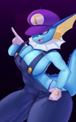 Rule 34 | 1girl, :3, absurdres, artist name, bare shoulders, blue overalls, blue sclera, blue skin, breasts, buttons, cabbie hat, cleavage, clothes writing, colored sclera, colored skin, cosplay, cowboy shot, creatures (company), faejunkie, fangs, female focus, fins, fish girl, furry, furry female, game freak, gen 1 pokemon, gloves, gradient background, hand up, happy, hat, head fins, highres, index finger raised, large breasts, looking at viewer, mario (series), nintendo, no shirt, one eye covered, open mouth, overalls, panties, personification, pokemon, pokemon (creature), purple background, purple hat, purple panties, signature, simple background, smile, solo, standing, string panties, tail, thick thighs, thighs, underwear, vaporeon, waluigi, waluigi (cosplay), white eyes, white gloves, wide hips