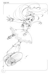 Rule 34 | 1girl, boots, cure white, detached sleeves, dress, earrings, eunos, eyelashes, fighting, frilled dress, frilled sleeves, frills, futari wa precure, greyscale, hair ornament, hair ribbon, half updo, heart, heart earrings, jewelry, kneehighs, leg warmers, long hair, looking at viewer, magical girl, monochrome, open mouth, precure, ribbon, serious, sketch, socks, solo, white background, yukishiro honoka