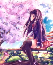 Rule 34 | 1girl, bench, black thighhighs, blazer, blush, brown eyes, brown hair, cherry blossoms, cloud, day, from side, jacket, lens flare, long hair, long sleeves, original, outdoors, petals, plaid, plaid skirt, profile, school uniform, sitting, skirt, sky, solo, thighhighs, tree, yasuno (airy light), zettai ryouiki