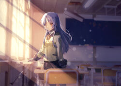 Rule 34 | 1girl, akayama yukihe, angel beats!, arm at side, black skirt, blurry, blurry background, blush, classroom, commentary request, cowboy shot, day, highres, indoors, jacket, lens flare, light particles, light rays, long hair, long sleeves, looking at viewer, miniskirt, neck ribbon, parted bangs, parted lips, ribbon, school uniform, sidelighting, sidelocks, skirt, solo, standing, sunbeam, sunlight, tenshi (angel beats!), white hair, yellow eyes, yellow jacket, yellow ribbon
