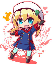 Rule 34 | +++, 1girl, :d, beret, black footwear, black gloves, blonde hair, blue eyes, blue jacket, blue pantyhose, blush, boots, chibi, commentary request, etrian odyssey, fingerless gloves, frederica irving, full body, gloves, hair between eyes, hat, heart, heart-shaped pupils, jacket, long hair, long sleeves, low twintails, naga u, open mouth, outstretched arms, pantyhose, sekaiju no meikyuu, shin sekaiju no meikyuu, smile, solo, standing, symbol-shaped pupils, teeth, twintails, upper teeth only, white hat