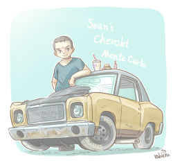 Rule 34 | 1boy, artist name, blue shirt, brown eyes, brown hair, burger, car, chevrolet, chevrolet monte carlo, chibi, collarbone, cup, disposable cup, drinking straw, fast &amp; furious, food, highres, looking to the side, motor vehicle, muscle car, rabienu, sean boswell, shirt, smile, tabasco, the fast and the furious, the fast and the furious: tokyo drift, vehicle focus