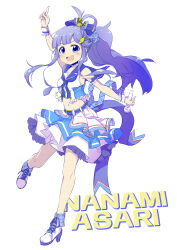 Rule 34 | 1girl, absurdres, ankle boots, arm scrunchie, arm up, asari nanami, bare shoulders, belt, blue belt, blue bow, blue eyes, blue hair, blue neckerchief, blue ribbon, blue sailor collar, blush, boots, bow, breasts, character name, choker, collarbone, crop top, cropped shirt, dress bow, fish hair ornament, floating hair, frilled choker, frilled shirt, frills, full body, hair bow, hair ornament, hair ribbon, hair rings, high heel boots, high heels, highres, holding, holding microphone, idolmaster, idolmaster cinderella girls, idolmaster cinderella girls starlight stage, index finger raised, layered skirt, leg up, long hair, looking at viewer, microphone, midriff, multicolored clothes, multicolored skirt, navel, neckerchief, nutsiqu, open mouth, outstretched arm, plaid, plaid bow, plaid ribbon, ribbon, sailor collar, sailor collar lift, shirt, simple background, skirt, sleeveless, sleeveless shirt, small breasts, smile, solo, standing, standing on one leg, teeth, upper teeth only, v-shaped eyebrows, very long hair, white background, white choker, white footwear, white wrist cuffs, wind, wind lift, wrist cuffs