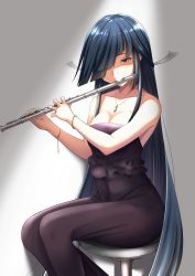Rule 34 | 1girl, black hair, blush, bracelet, breasts, cleavage, commentary, dress, flute, grey ribbon, hair over one eye, hair ribbon, hayashimo (kancolle), holding, holding instrument, instrument, jewelry, kantai collection, long hair, looking at viewer, medium breasts, necklace, ootori subaru, purple dress, ribbon, sidelocks, sitting, smile, solo, strapless, strapless dress, taut clothes, taut dress, topaz (gemstone), very long hair