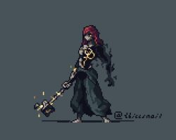 1boy elden_ring full_body hammer pixel_art radagon_of_the_golden_order red_hair solo standing thicccsnail weapon