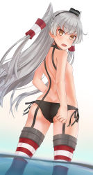 Rule 34 | &gt;:o, 10s, 1girl, :o, amatsukaze (kancolle), ass, back, black hairband, black hat, black neckwear, black panties, black ribbon, blunt bangs, blush, breasts, bright pupils, brown eyes, choker, fang, from behind, garter straps, hairband, hat, highres, kaleid, kantai collection, legs apart, long hair, looking at viewer, looking back, mini hat, open mouth, panties, red thighhighs, ribbon, side-tie panties, silver hair, simple background, small breasts, solo, standing, striped clothes, striped thighhighs, thighhighs, topless, twintails, two side up, underwear, underwear only, v-shaped eyebrows, very long hair, wading, water, white background
